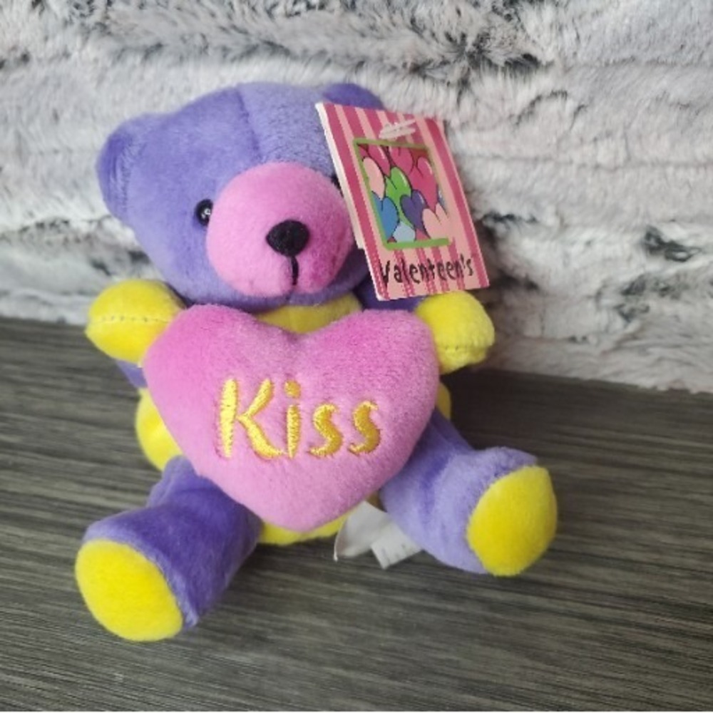 Tb Trading Company Purple + Yellow KISS Heart Teddy Bear Keychain - Backpack Zip